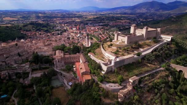 Heritage Italy Ancient Landmarks Umbria Impressive Spoleto Town Aerial View — Video