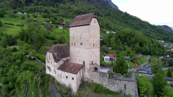 Aerial Panoramic View Medieval Sargans Castle Town Historic Landmarks Switzerland — Video Stock