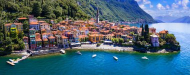 One of the most beautiful lakes of Italy - Lago di Como. aerial panoramic view of beautiful Varenna village, popular tourist attraction