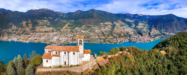 Scenic Romantic Lakes Italy Lago Iseo Surrounded Beautiful Mountains Aerial — 스톡 사진