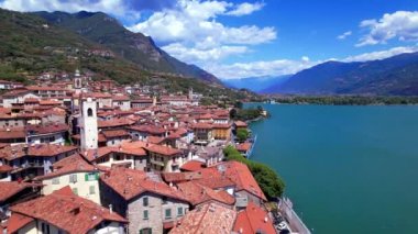 Amazing lake Iseo scenery with picturesque town Lovere, aerial drone view. Italy, Brescia province