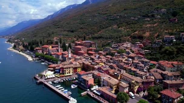 Scenic Lake Lago Garda Italy Aerial Drone Video Fishing Village — Stockvideo