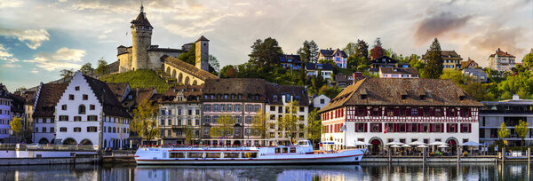 Historical medieval towns of Switzerland. downtown of Schaffhausen and view of Munot castle over susnet