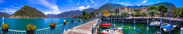 イタリアの湖の風景 魔法の伊勢雄湖 美しいモンテ イゾラ島とペスキエーラ マリアリオ村 イタリア ブレシア州 — ストック写真