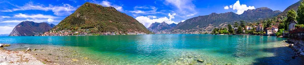 Italienska Sjöar Landskap Magiska Sjön Iseo Vackra Monte Isola Och — Stockfoto