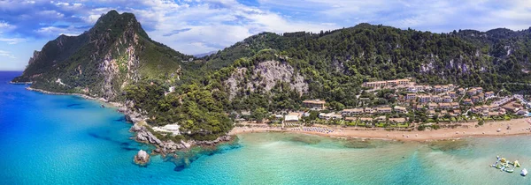Greckie Wakacje Najlepsze Malownicze Plaże Wyspy Korfu Panoramiczny Widok Lotu — Zdjęcie stockowe