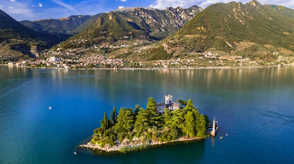 Amazing Lake Iseo Scenery Picturesque Small Island Loreto Castle Aerial — Stockfoto