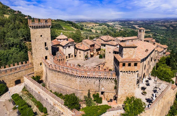 The medieval village of Vigoleno aerial view. fairy-tale castle and small charming village. Emilia Romagna, Italy travel and landmarks