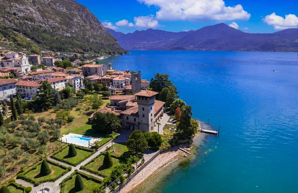 Romantic Beautiful Lake Iseo Aerial View Predore Idyllic Village Surrounded — 스톡 사진