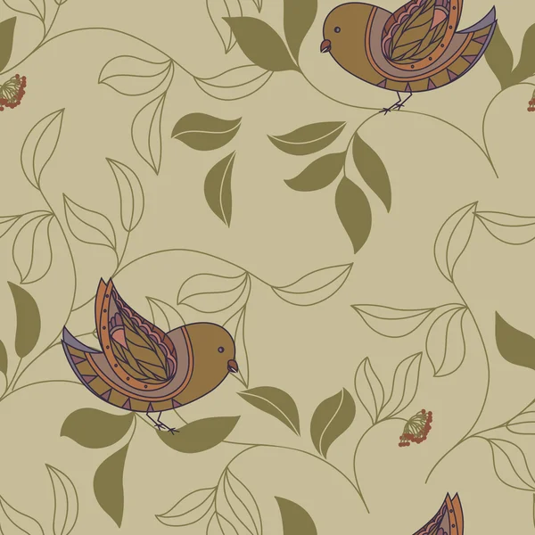 Motif sans couture avec des oiseaux et des feuilles — Image vectorielle