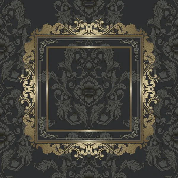 Vintage gold picture frame on damask seamless wallpaper — Stock Vector