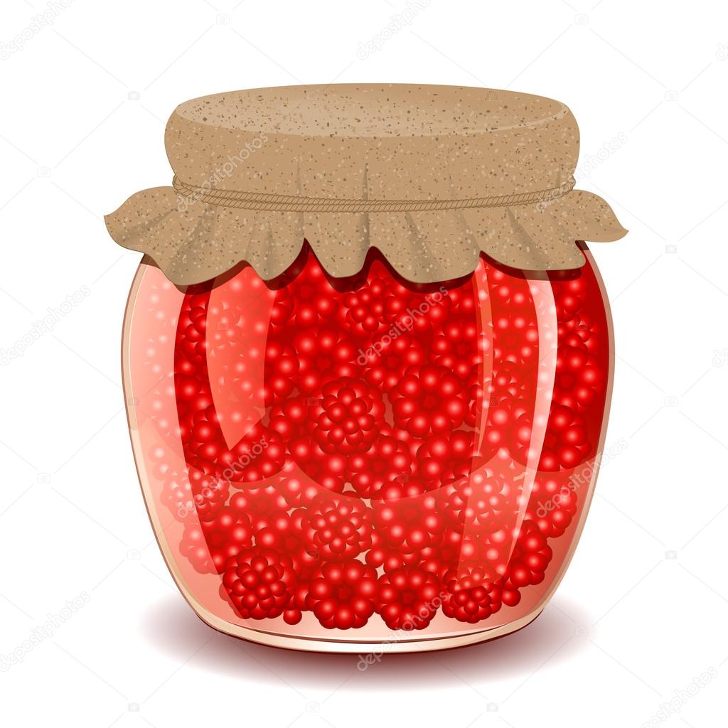 Raspberry jam in a jar on a white background