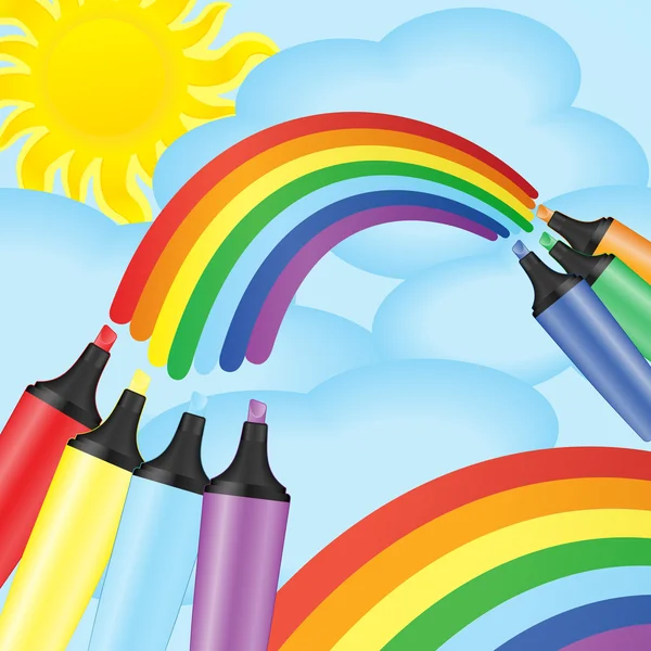 Färgglada markörer och rainbow. vektor illustration — Stock vektor