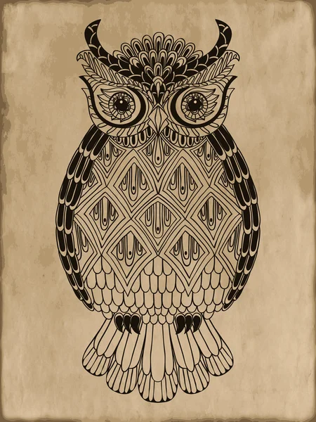 Ornamental hand-drawn owl on vintage background — Stock Vector