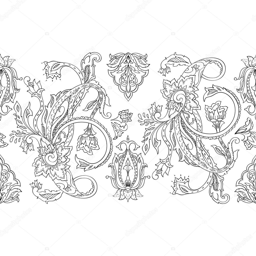 Hand-drawn paisley seamless pattern. Monochrome background