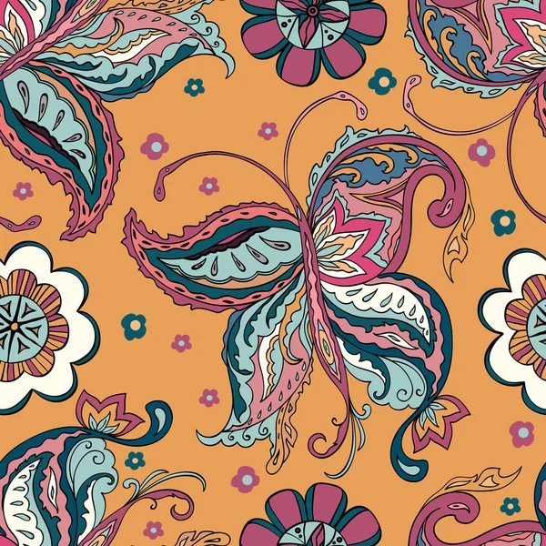 Mariposa dibujada a mano sobre fondo floral. Ilustración vectorial — Vector de stock