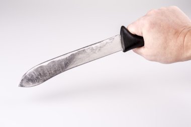 Beyaz arka plan üzerinde izole elinde baş çelik bıçak