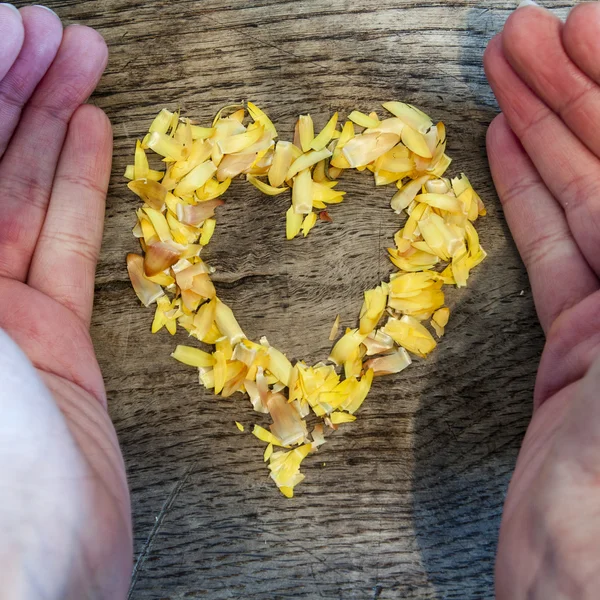 A heart from petals lying on a wooden table and hands — Stock Photo, Image