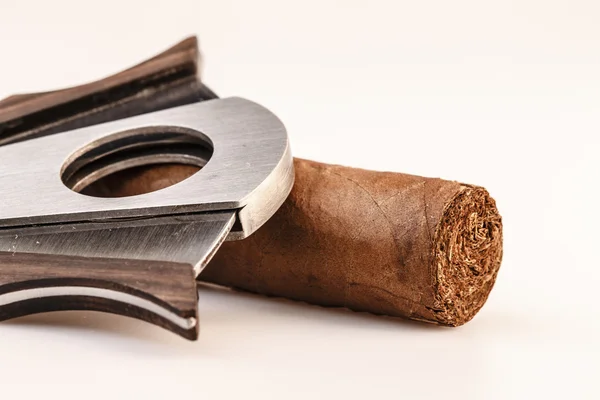 Zigarre und Cutter auf weißem Hintergrund — Stockfoto