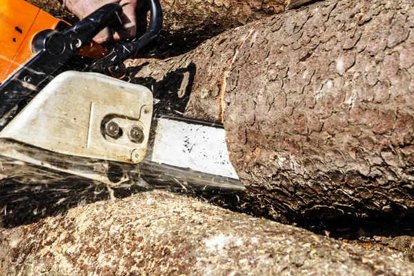 Homem a serrar um tronco no quintal — Fotografia de Stock