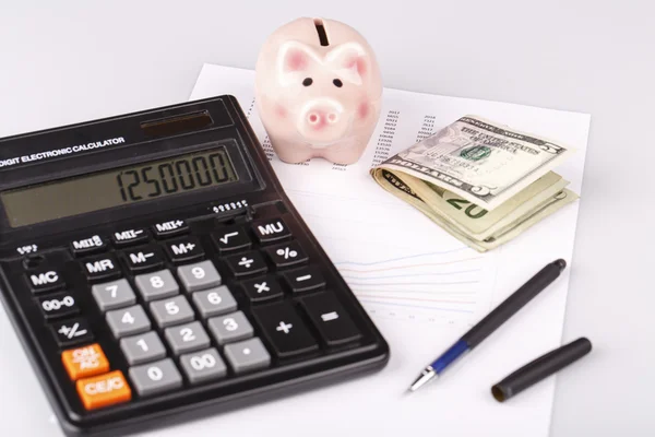 Business Charts with calculator, money, piggy box and pen — Stock Photo, Image
