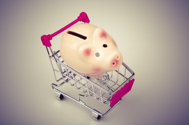 alışveriş sepeti beyaz arka plan üzerinde domuz para kutusu