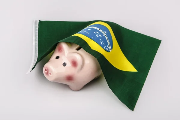 Caixa de dinheiro de porco e bandeira do Brasil — Fotografia de Stock