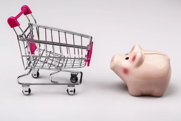 Winkelwagen versus varken spaarpot — Stockfoto
