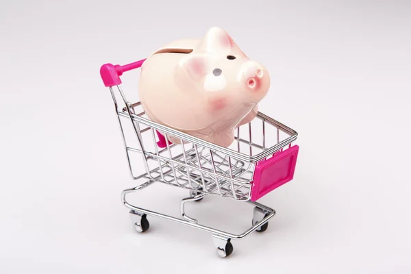 Pig money box in shopping cart on white background — Stock Photo, Image