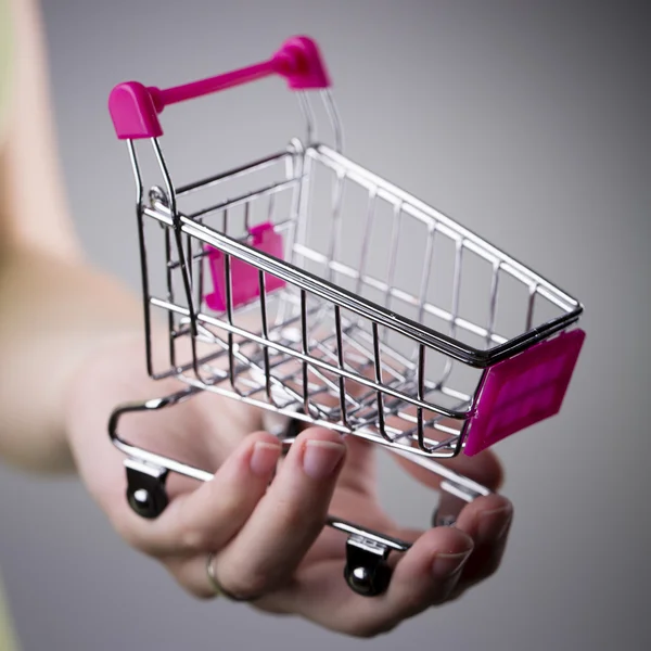 Pink shopping cart in woman hand — Stock Photo, Image