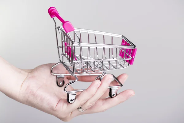 女性の手でピンクのショッピング カート — ストック写真