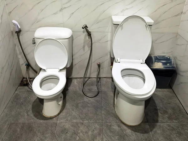 Два Туалетных Сиденья Установленных Вместе Одной Ванной Комнате Большой Взрослых — стоковое фото