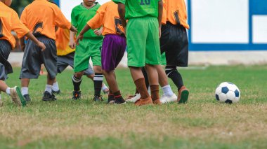 Futbolcu çocuklar antrenman kursu. Bir tarlada futbol oynayan anaokulu öğrencileri. Spor sahasında koşan ve futbol oynayan bir grup çocuk. Futbol maçında çocuklar spor giyer..