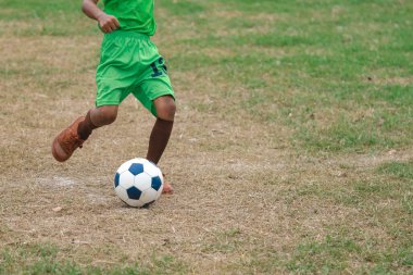 Football soccer children training class. Kindergarten and elementary school kids playing football in a field. Group of boys running and kicking soccer on sports grass pitch. Selective focus on ball.