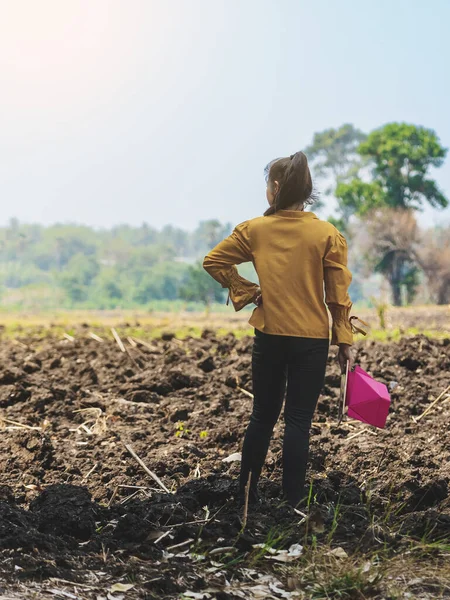 Back view of Asian young woman farmer stand alone with tablet to look soil quality for farming in soil field. Female agriculturist think and plan about cultivation in vacant land.Farm and agricultural