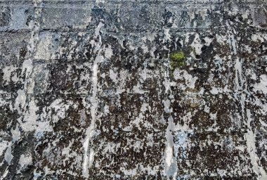 Dirty old eroded cracked plaster cement block fence. Concrete block wall. Destroyed crumbling cement mortar texture. Background of wall. Brick texture with scratches and cracks. brick wall background