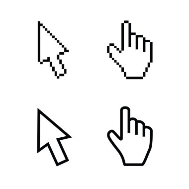 Hand and arrow cursors, smooth and pixel vectors clipart