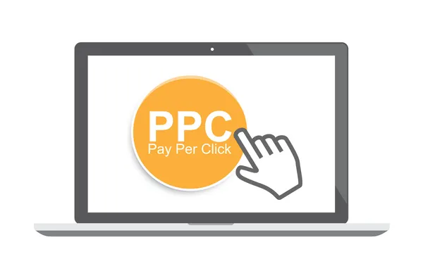 Concetto Pay per click con laptop e cursore — Vettoriale Stock