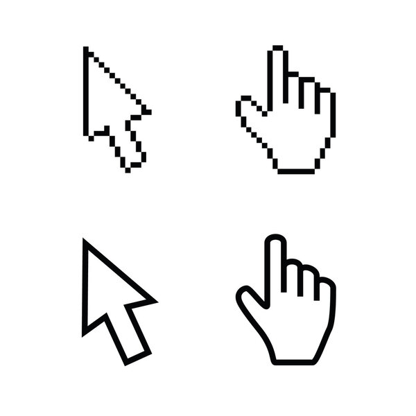 Hand and arrow cursors, smooth and pixel vectors
