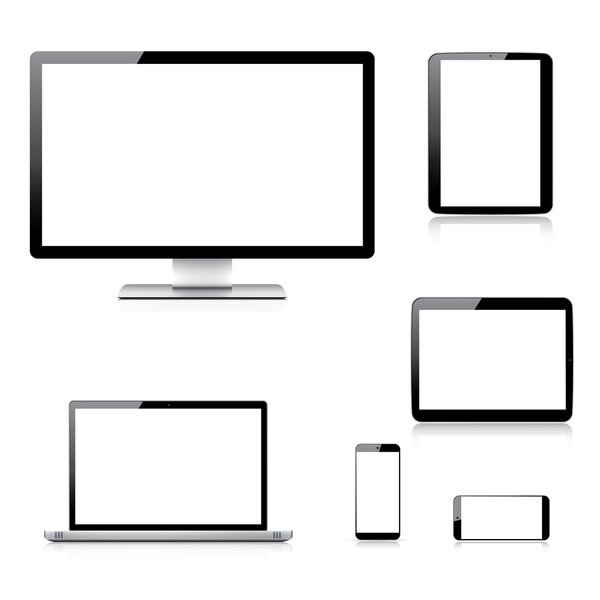 Реалистичный компьютер, ноутбук, планшет и смартфон векторы изолированы на белом
