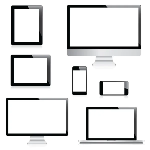 Vectores modernos de computadoras, computadoras portátiles, tabletas y teléfonos inteligentes — Vector de stock