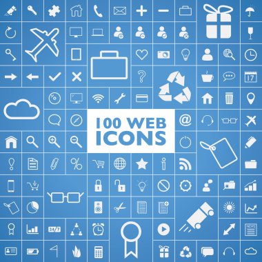 Set 100 web, internet, ofis, bilgisayar ve simgeler vektör seyahat