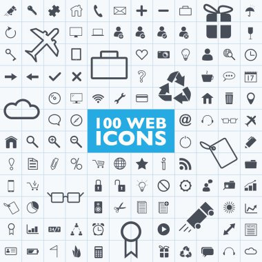 Ayarla 100 gri web, internet, ofis, bilgisayar, simge vektörler kılavuz ile seyahat