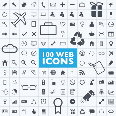 Set of 100 grey web, internet, office, computer, travel icon vectors with grid