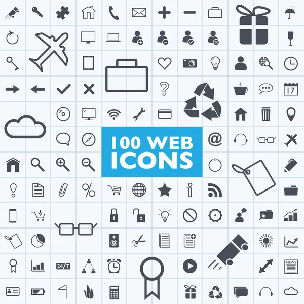 Ensemble de 100 vecteurs d'icônes de voyage, internet, bureau, ordinateur, grille — Image vectorielle