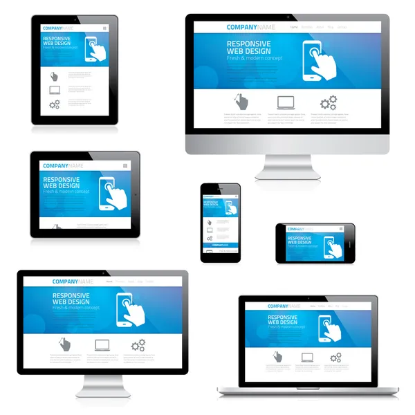 Moderno responsivo web design de computador, laptop, tablet e smartphones vetores — Vetor de Stock