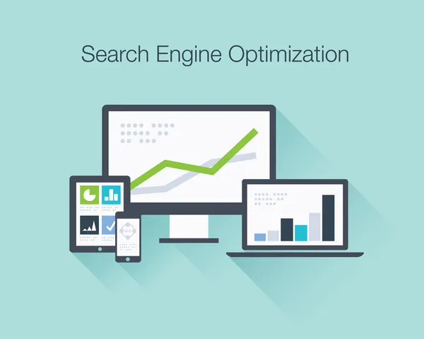 Le concept vectoriel d'illustration d'icône plate d'optimisation de Search Engine montre l'analyse de données de SEO dans les icônes de tablette, d'ordinateur portable, de smartphone et d'ordinateur — Image vectorielle