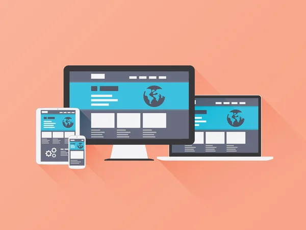 Responsives Webdesign-Vektorkonzept mit flachem Stil und langem Schatten. — Stockvektor