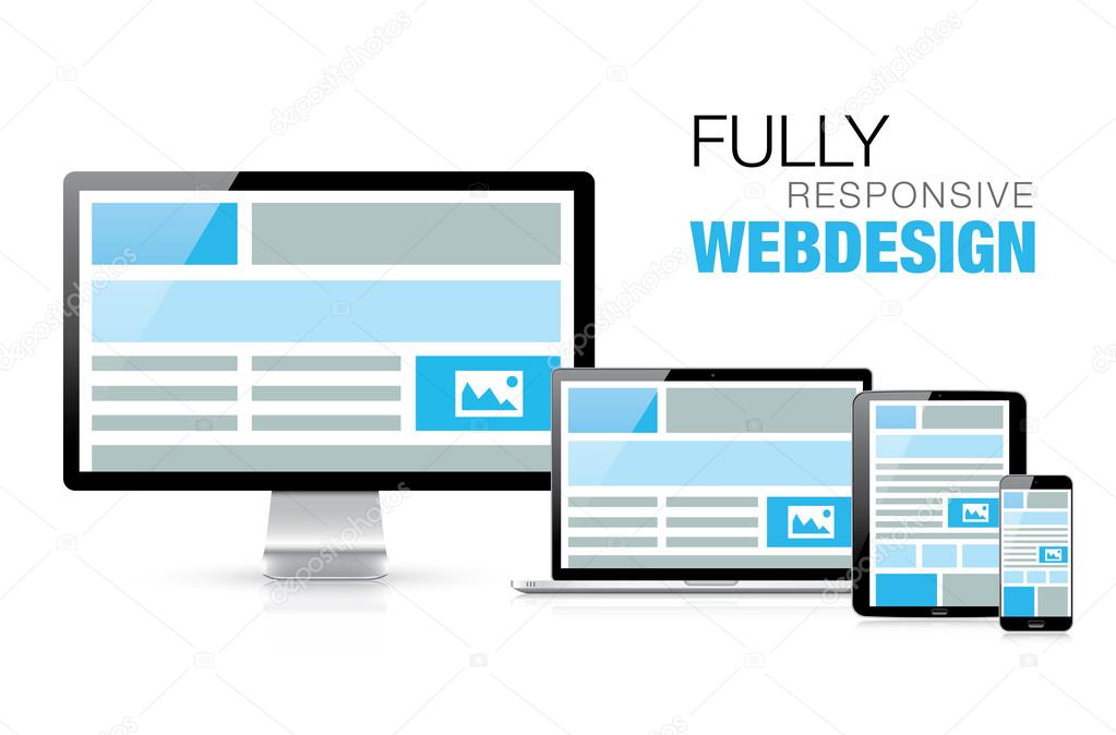 Fully responsive web design in modern realistic electronic devices