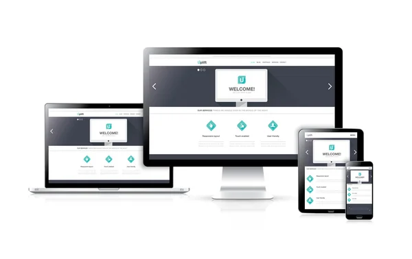 Flat Responsive Web Design Entwicklungsvektorkonzept in realistischen Geräten — Stockvektor